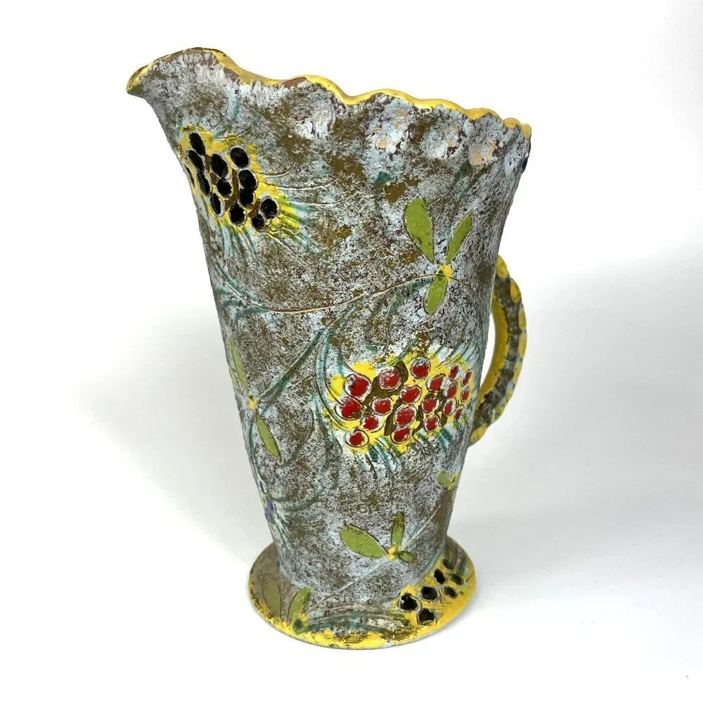 Mid century Modern Lava glaze Sgraffito Pitcher Berries